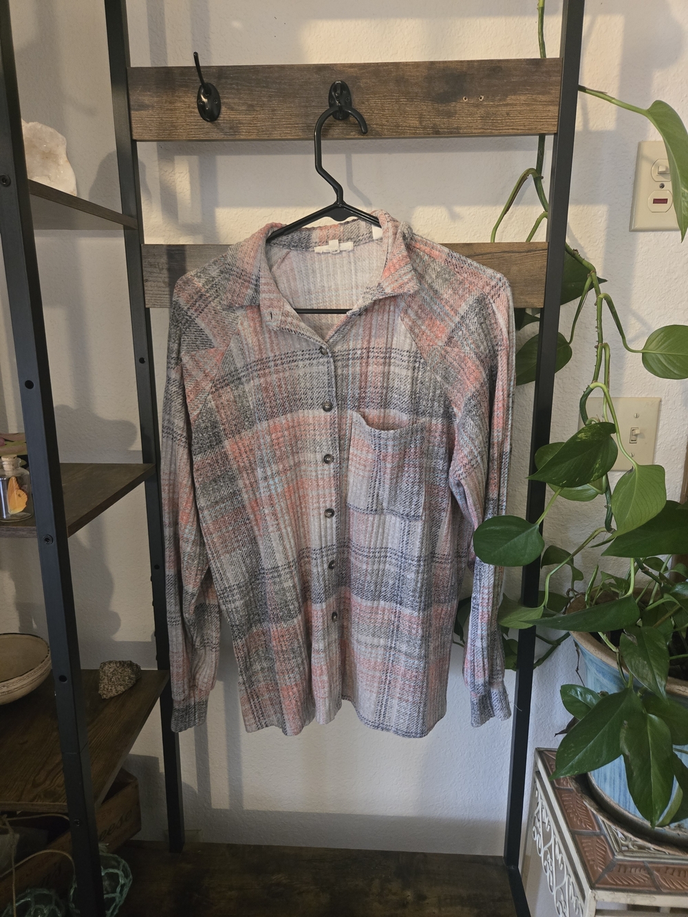 Button-Down Plaid Shirt in Pink and Gray